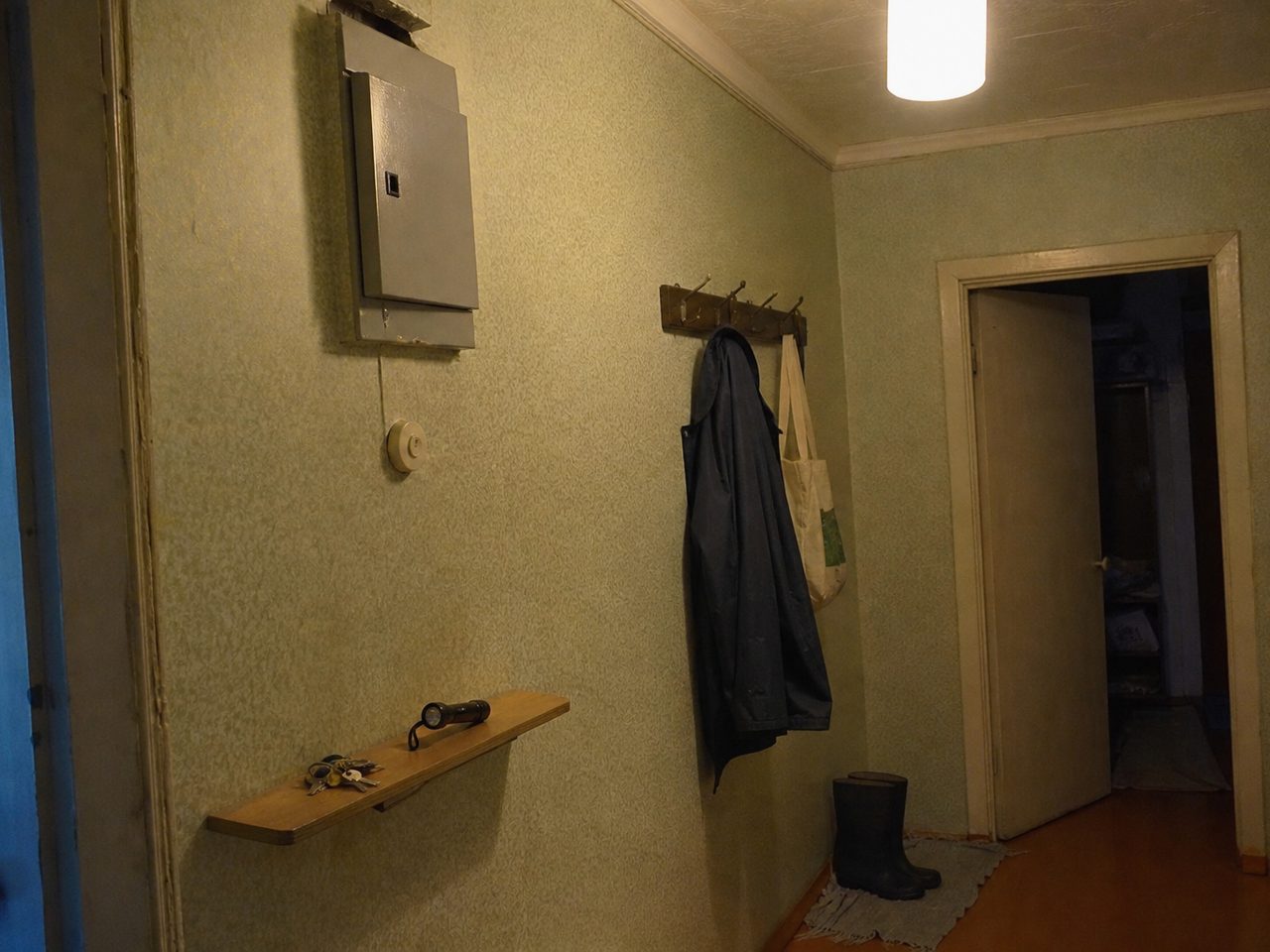 Закрытый электрощиток в прихожей, плащ на крючке и резиновые сапоги